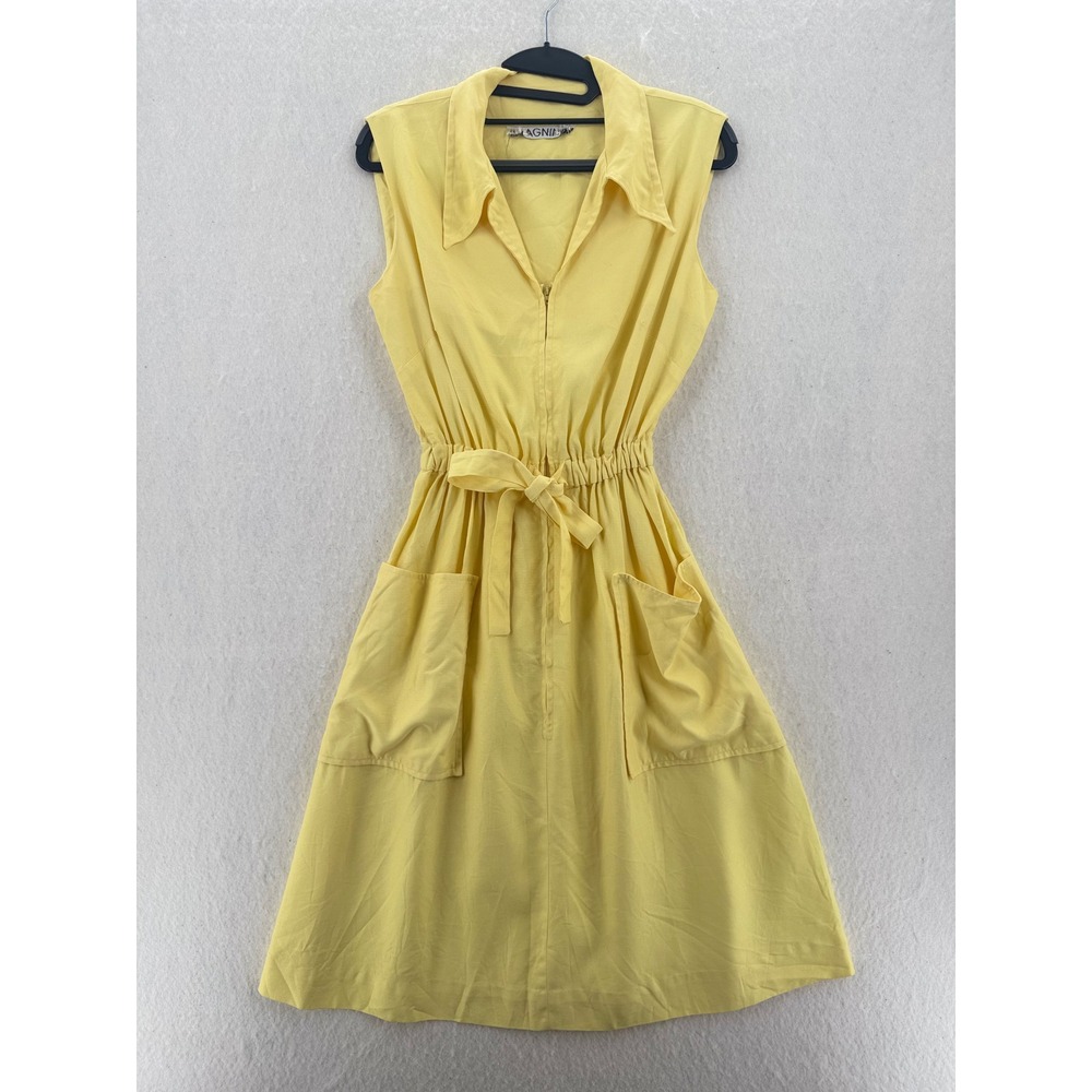 I. Magnin - VTG Sleeveless Belted Pocket Midi Dress - Yellow - S - Womens